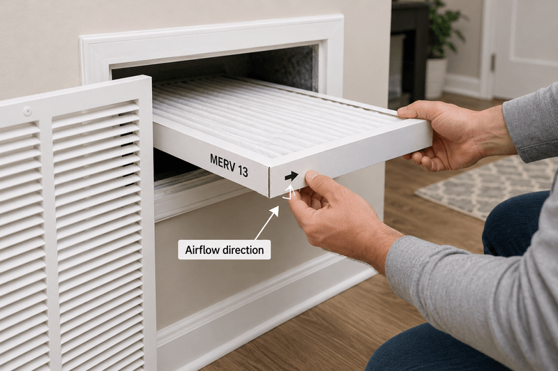 Homeowner installing a pleated MERV 13 air filter in a return-air grille before a wildfire smoke event.