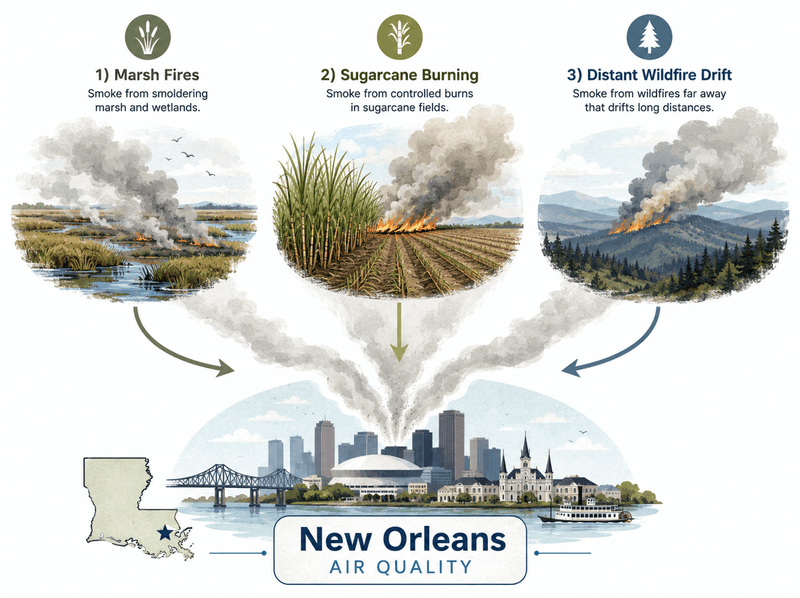 Diagram of three smoke sources affecting New Orleans air quality: marsh fires, sugarcane burning, and distant wildfire drift.