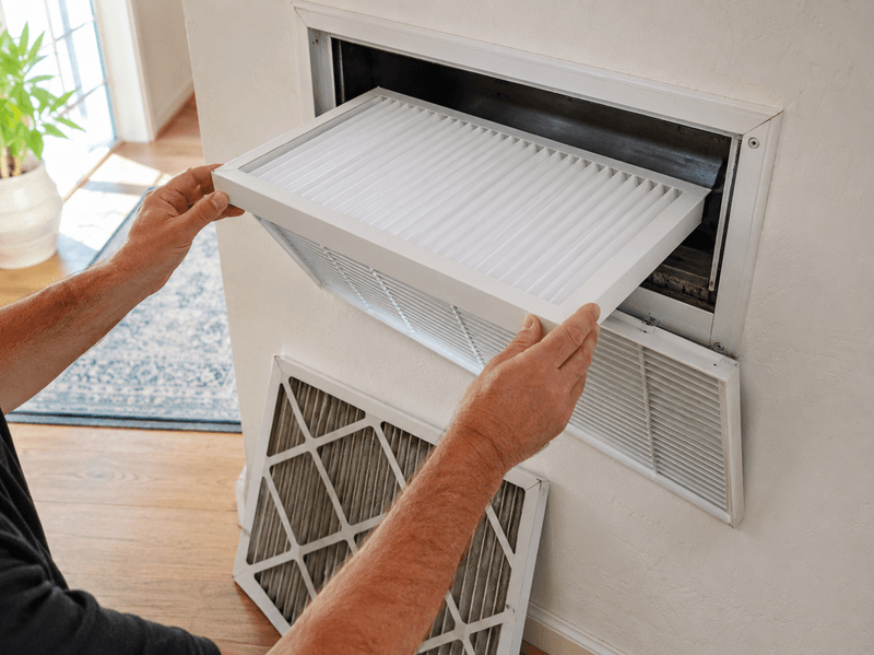 Homeowner replacing a smoke-loaded pleated filter with a clean MERV 13 filter in a return vent.