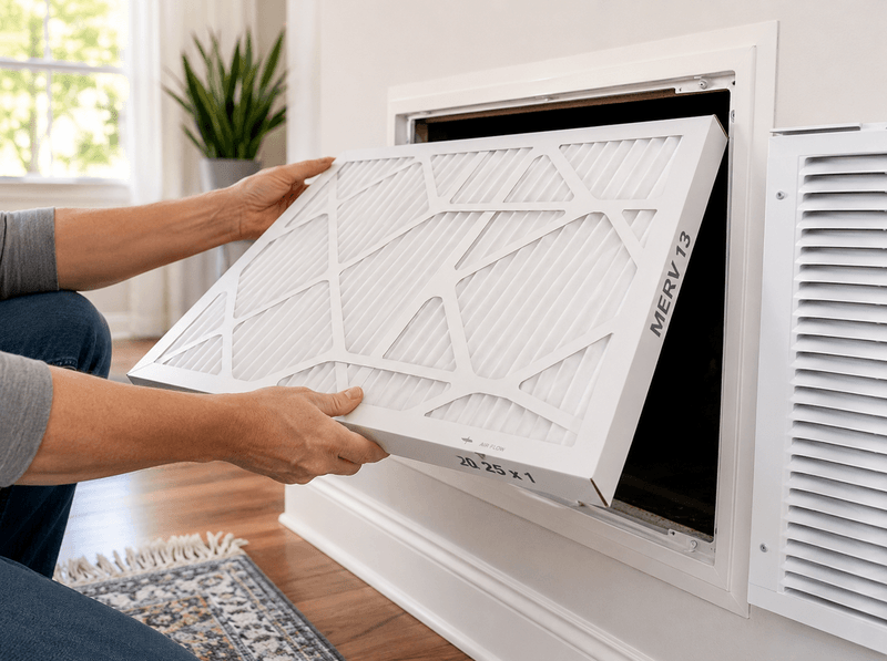 Close-up of a MERV 13 pleated air filter being installed in a home HVAC system.