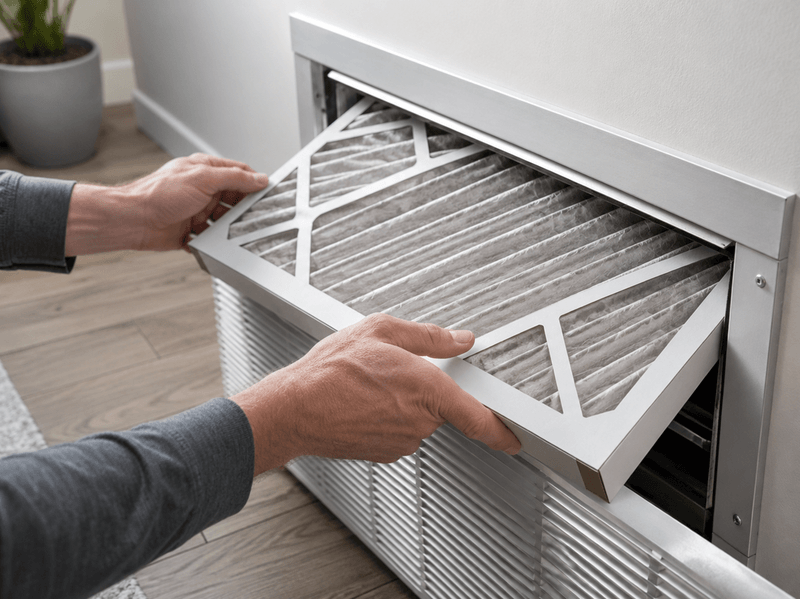 Installing a MERV 13 air filter into a home HVAC system before a wildfire smoke event.