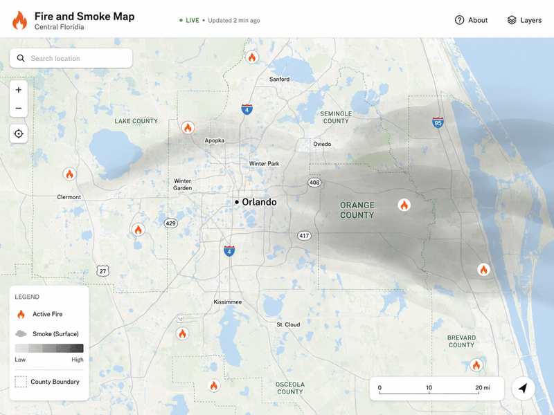 Live wildfire and smoke map view of Orlando and Orange County, Florida.