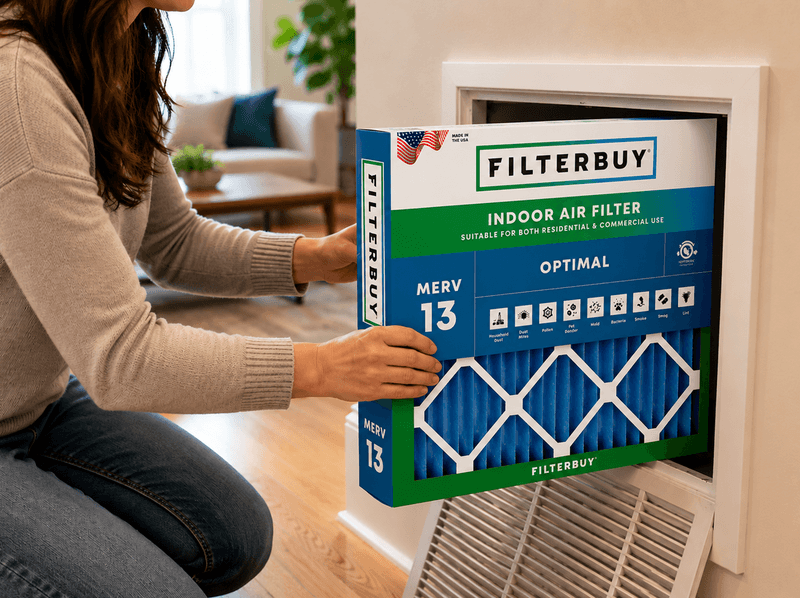 A person installing a pleated MERV 13 HVAC filter into a home return vent to reduce wildfire smoke indoors.