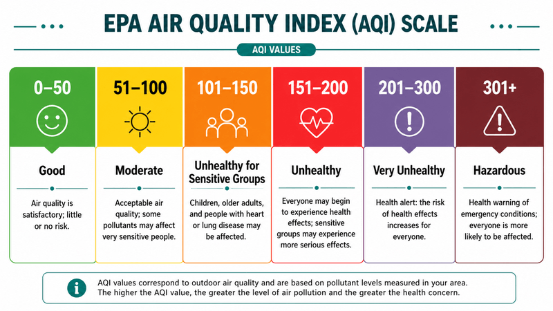Air Quality Index color scale from Good to Hazardous with health guidance for each band.