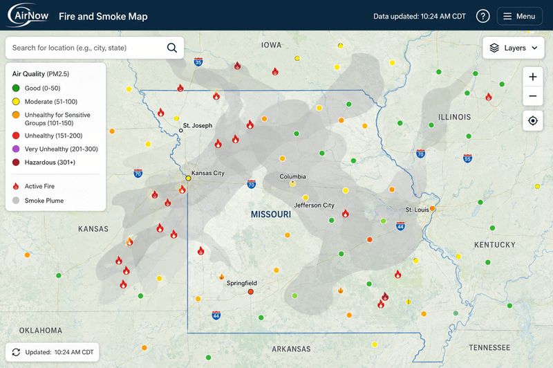 Illustration of a live Missouri wildfire and smoke map showing air quality readings and smoke plumes.