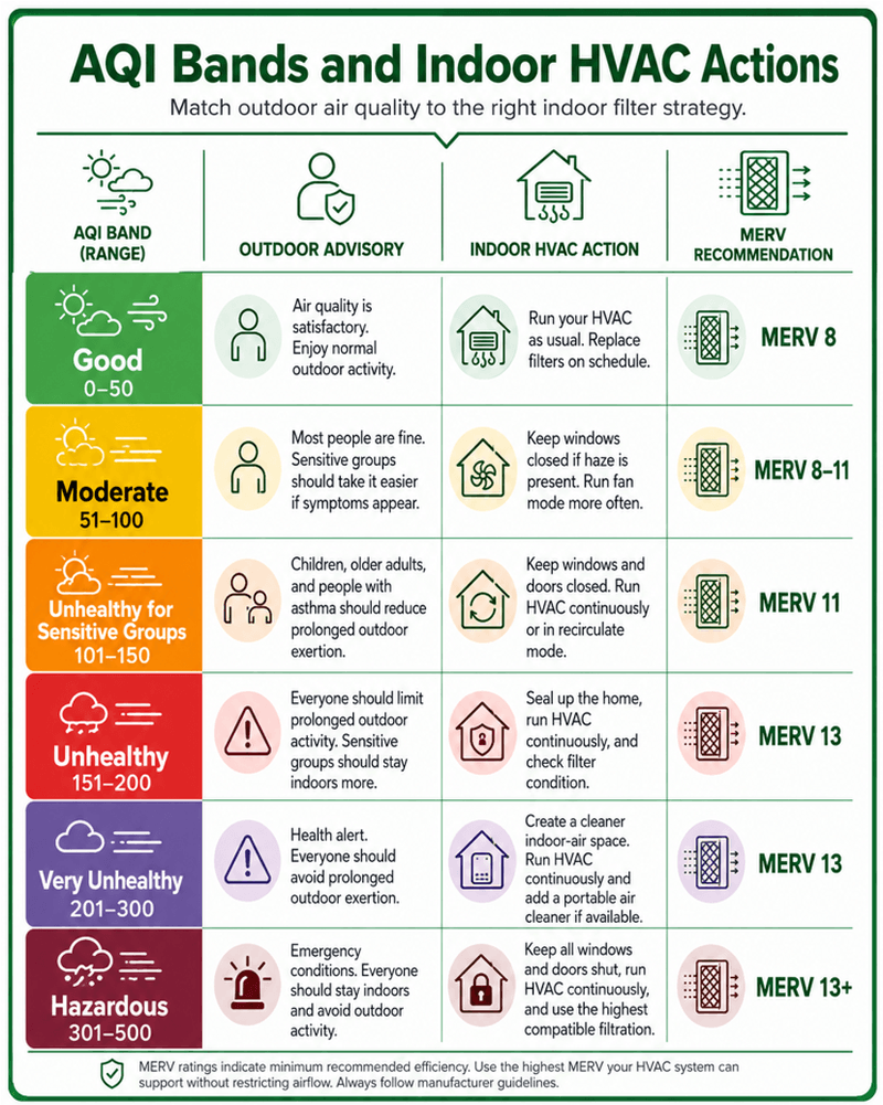 Durham NC air quality index chart showing indoor HVAC actions and MERV filter recommendations by AQI level.