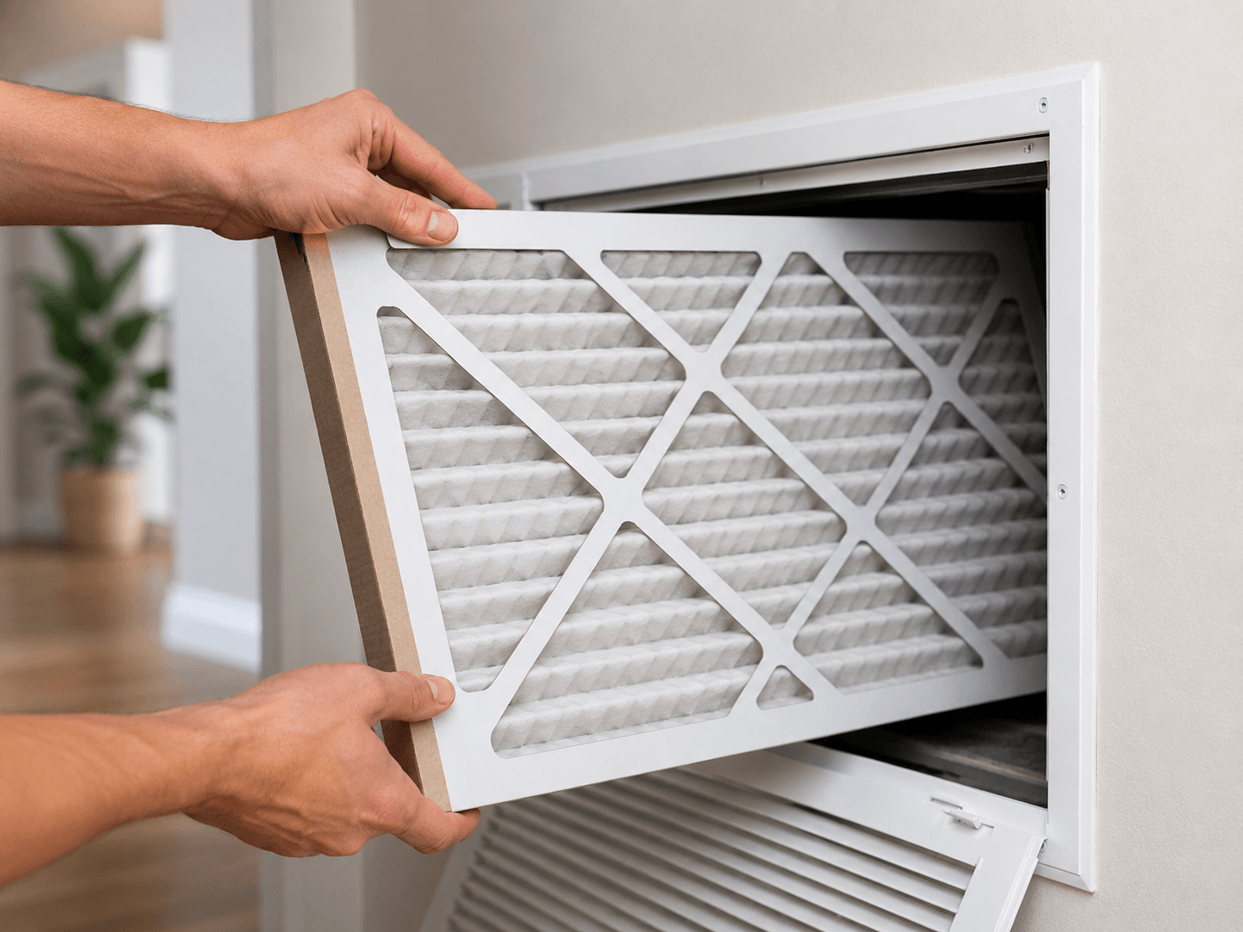 Installing a MERV 13 air filter in a Colorado Springs home HVAC system.