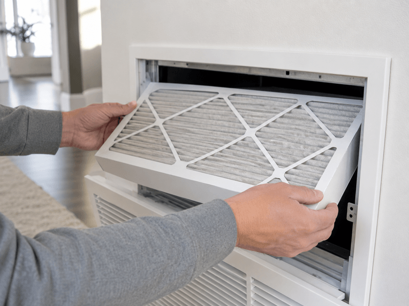 Homeowner installing a MERV 13 air filter during a wildfire smoke event." Requires licensed photography or a design tool.