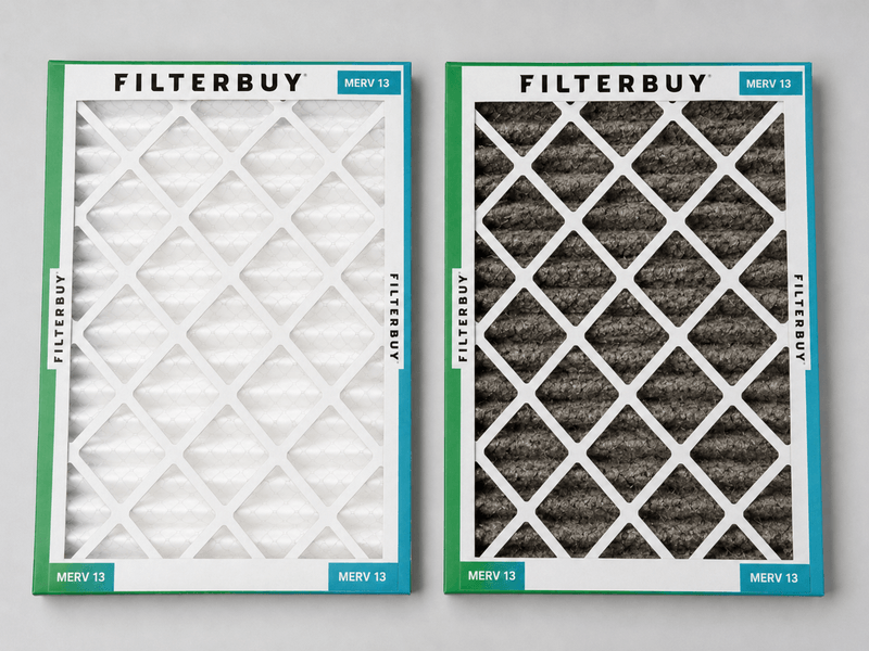 Clean MERV 13 air filter next to a filter darkened by wildfire smoke.