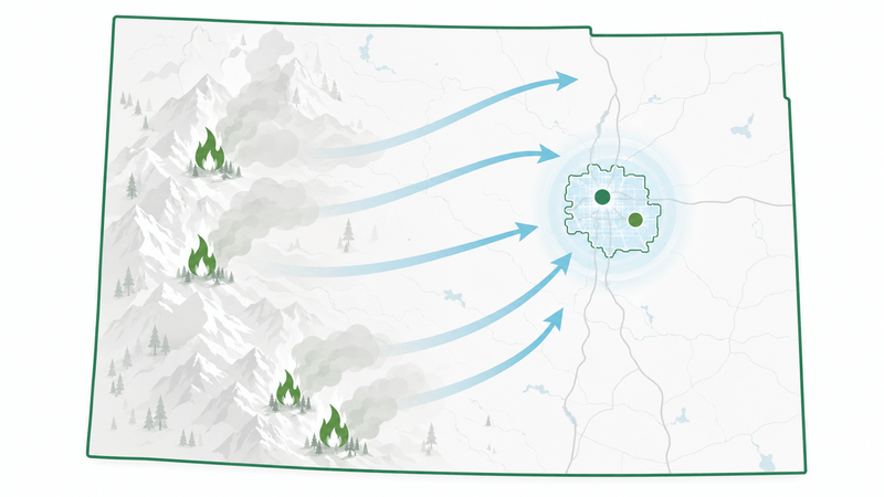 Illustrated map showing wildfire smoke traveling from Western Slope and southern Colorado fires toward the Aurora and Denver Front Range.