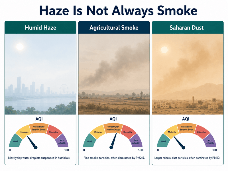 Diagram comparing humid haze, agricultural smoke, and Saharan dust and how each affects Corpus Christi AQI readings.
