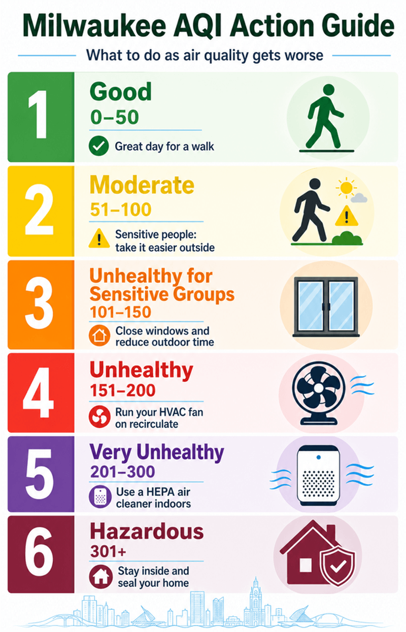 Six-level Milwaukee wildfire smoke action guide mapping each Air Quality Index category to an outdoor and home-filtration step.