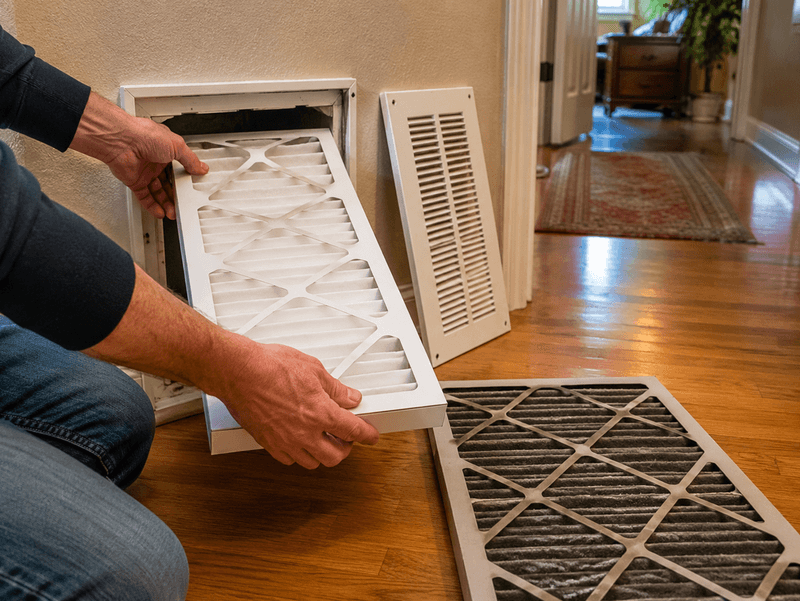 Homeowner replacing a smoke-darkened HVAC filter with a clean MERV 13 pleated air filter during Pittsburgh wildfire smoke.