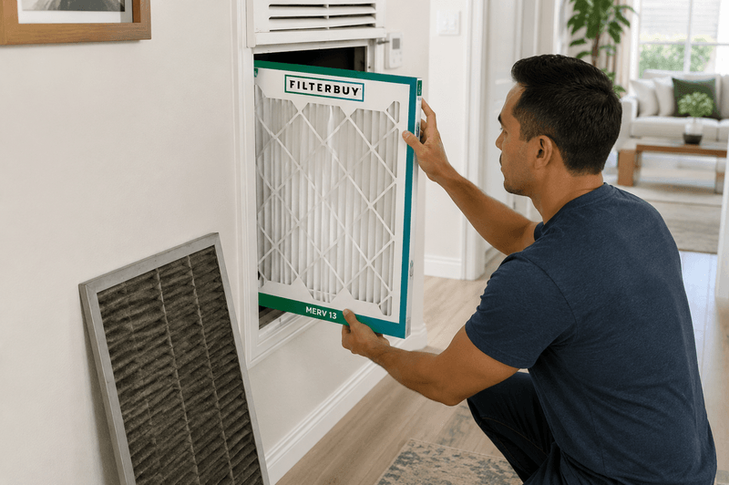 Homeowner replacing a smoke-loaded HVAC filter with a clean Filterbuy MERV 13 filter.