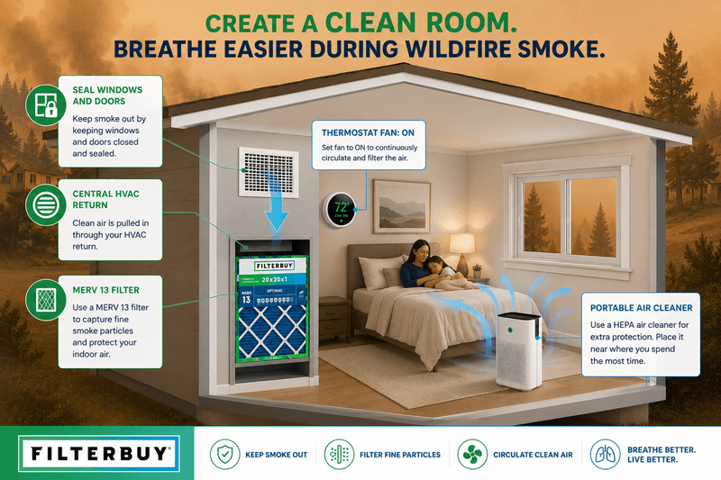  Illustration of a home clean room during wildfire smoke with sealed windows, a MERV 13 filter in the HVAC system, the fan set to ON, and a portable air cleaner running.
