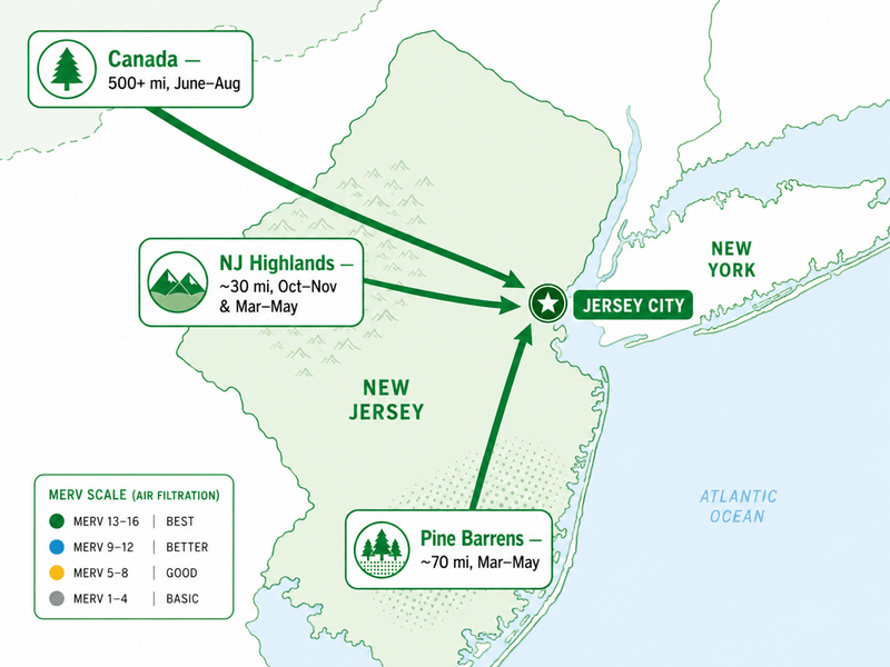 Diagram of the three wildfire smoke corridors that reach Jersey City, New Jersey: Canada, the NJ Highlands, and the Pine Barrens.
