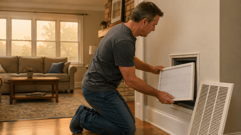 Homeowner installing a fresh pleated MERV 13 HVAC filter with windows closed during a smoky day.