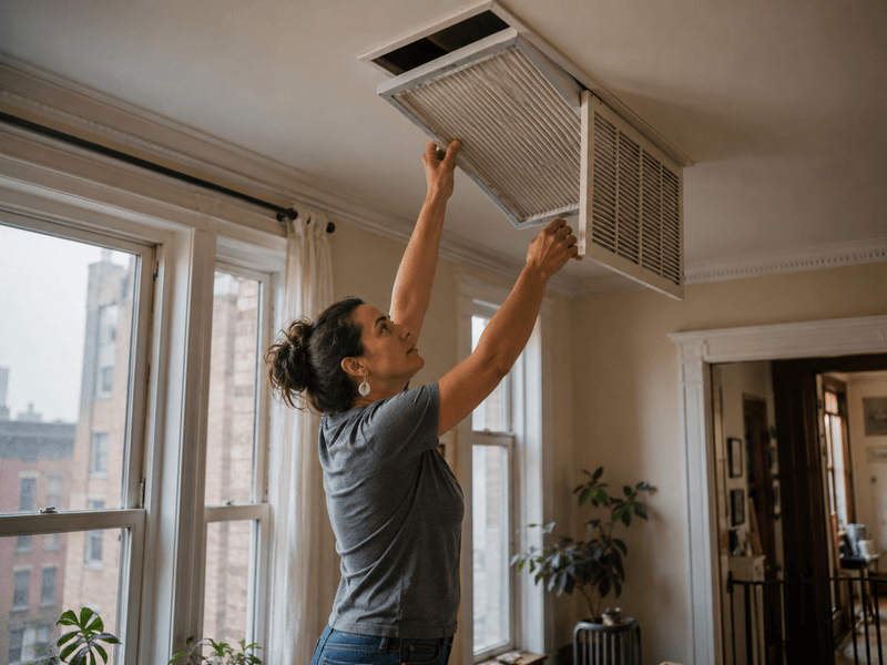 Homeowner installing a MERV 13 pleated air filter in a return vent during a wildfire smoke event.