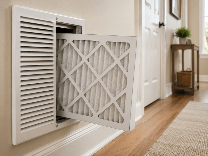 Installing a high-MERV air filter to protect indoor air quality during a Tampa wildfire smoke event.