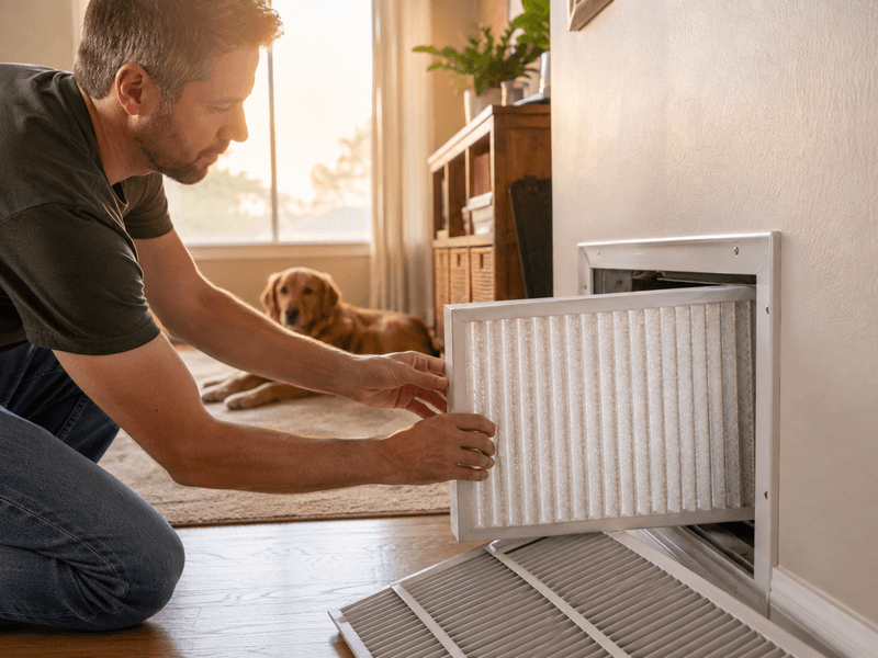 Homeowner installing a MERV 13 air filter during a wildfire smoke air quality alert.