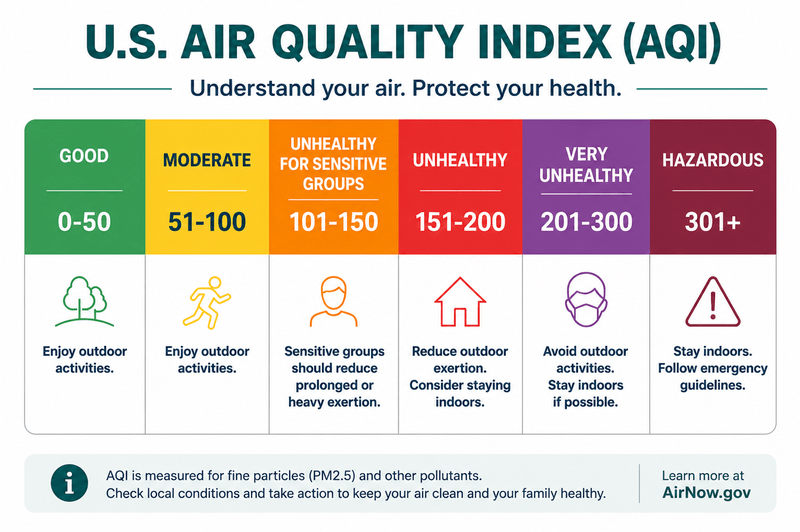 U.S. Air Quality Index color scale from Good to Hazardous with recommended actions.