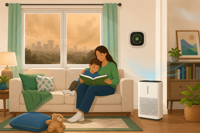 Family in a cleaner-air room with a portable air cleaner during a wildfire smoke event.