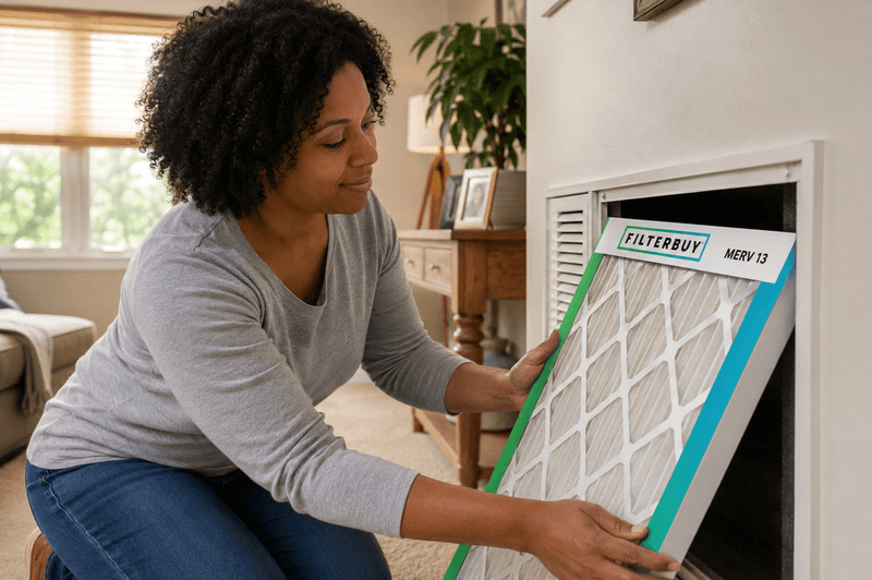 Homeowner installing a MERV 13 pleated air filter during a wildfire smoke event in Lexington, Kentucky.