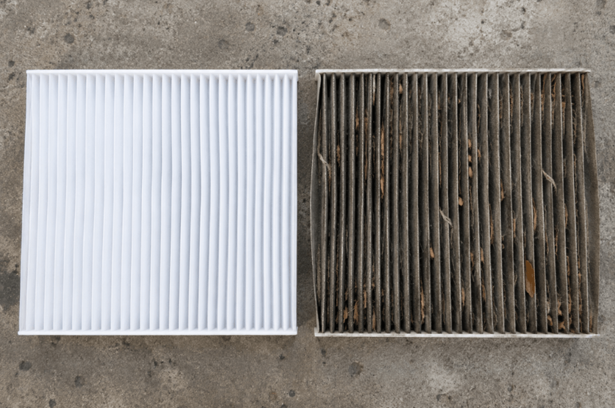 A dirty Honda Accord cabin air filter next to a clean replacement, airflow arrow visible.