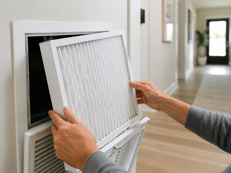 Homeowner installing a pleated MERV 13 air filter in a return vent to filter wildfire smoke particles.