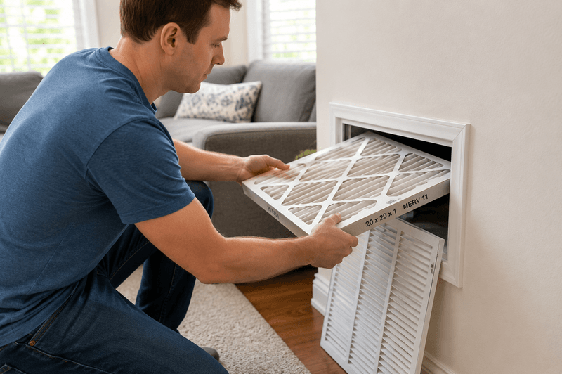 Homeowner installing a pleated MERV 13 air filter to reduce indoor wildfire smoke particles.