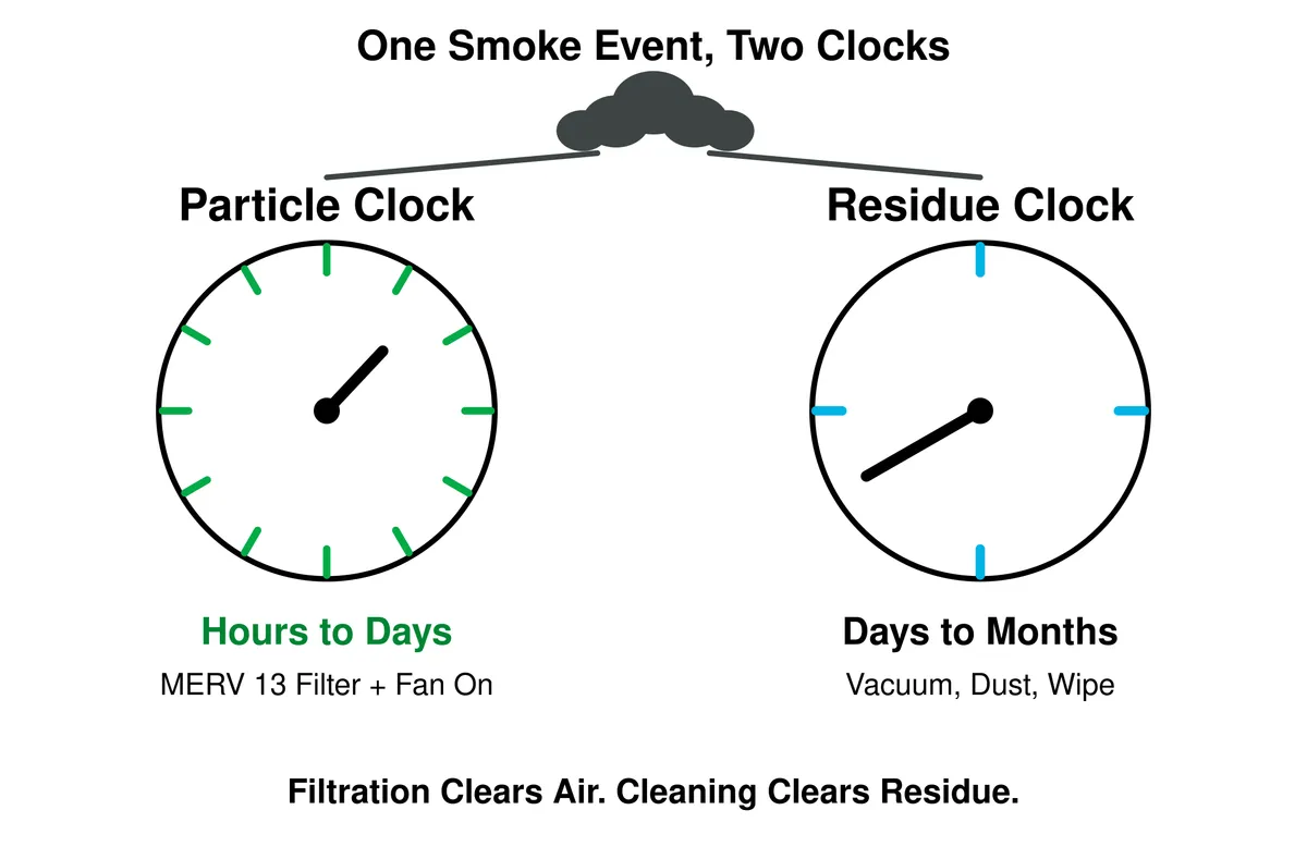 Two clocks side by side: the Particle Clock, showing airborne smoke cleared in hours to days by a MERV 13 filter with the fan set to On, and the Residue Clock, showing surface smoke residue removed over days to months by vacuuming, dusting, and wiping.