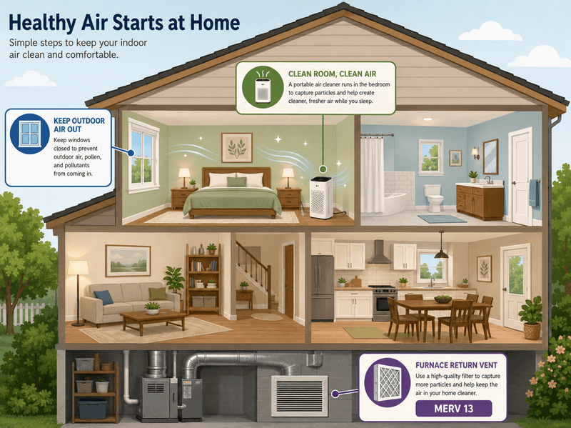 Infographic of an Aurora home clean room with a closed window, a portable air cleaner, and a MERV 13 HVAC filter.