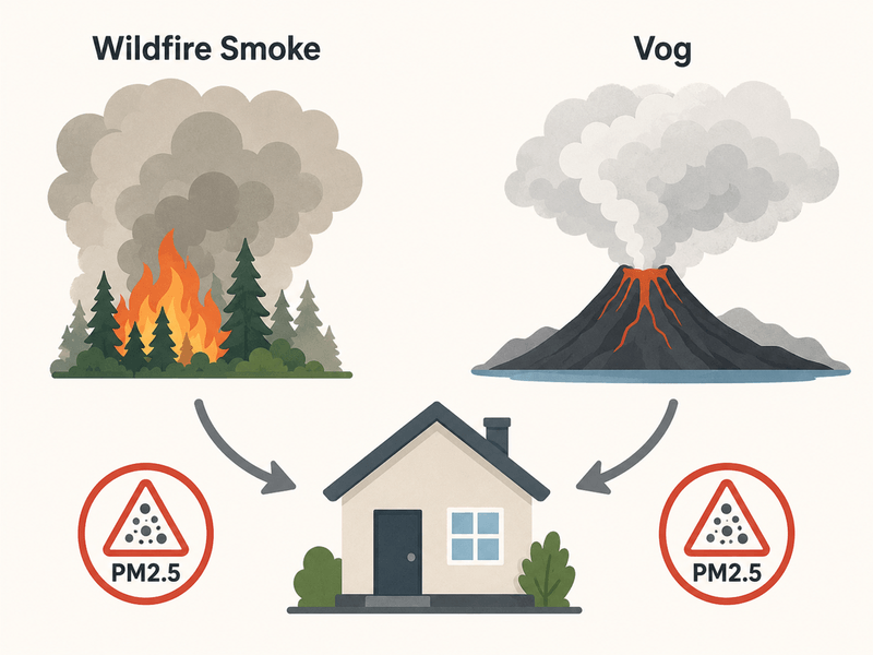Comparison graphic showing wildfire smoke and vog both affecting indoor air.