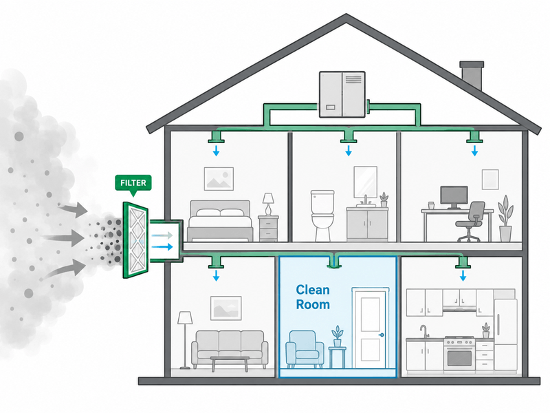 Diagram of how HVAC filtration and a clean room protect a Tampa home during wildfire smoke.