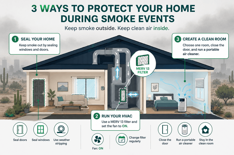  Home diagram showing sealed windows, a MERV 13 HVAC filter, and a clean room during wildfire smoke.