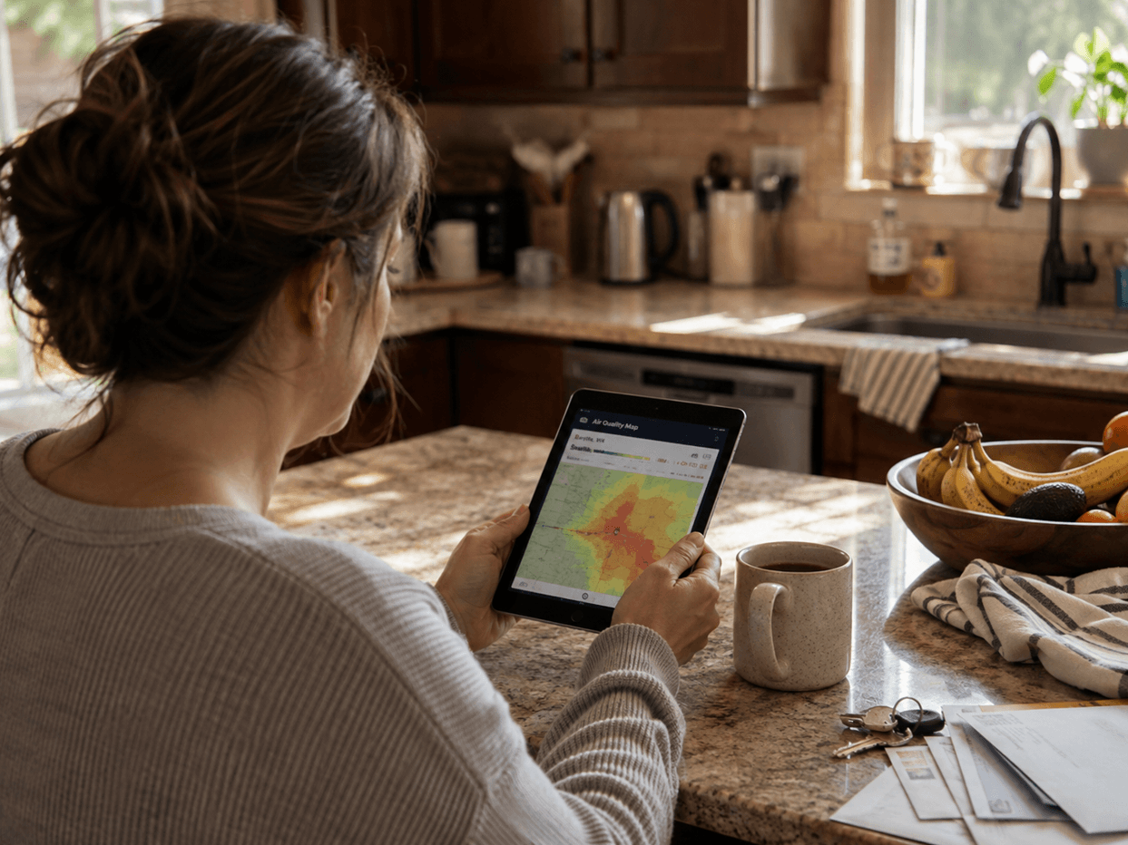 Lincoln NE homeowner checking a live wildfire smoke and air quality map on a tablet.