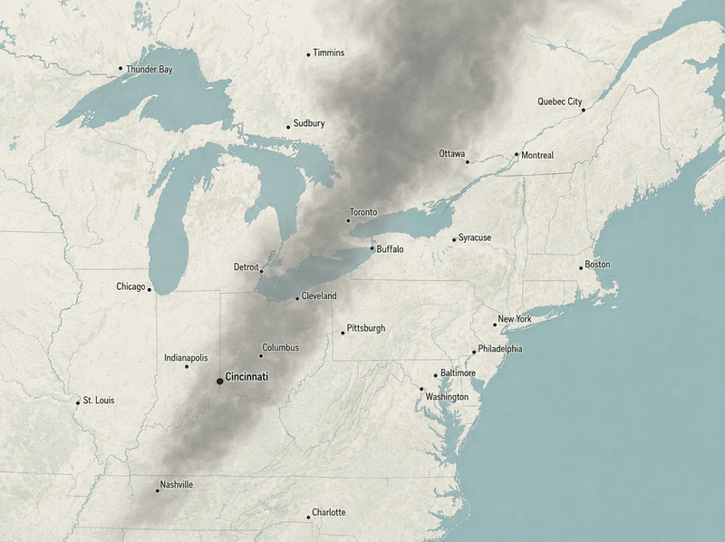 Illustration of a Canadian wildfire smoke plume traveling south into the Ohio River valley toward Cincinnati.