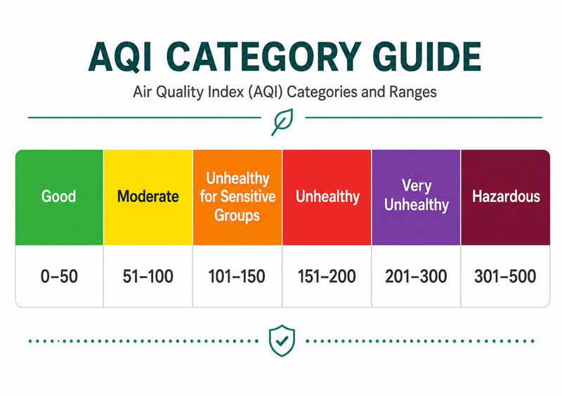 Air Quality Index color scale from Good to Hazardous.