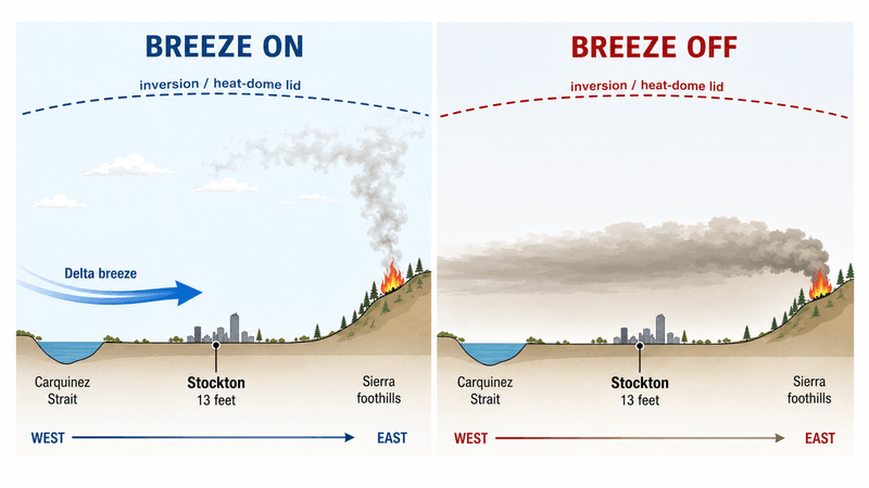 Cross-section diagram showing wildfire smoke from the Sierra foothills settling over Stockton when the Delta breeze stops.