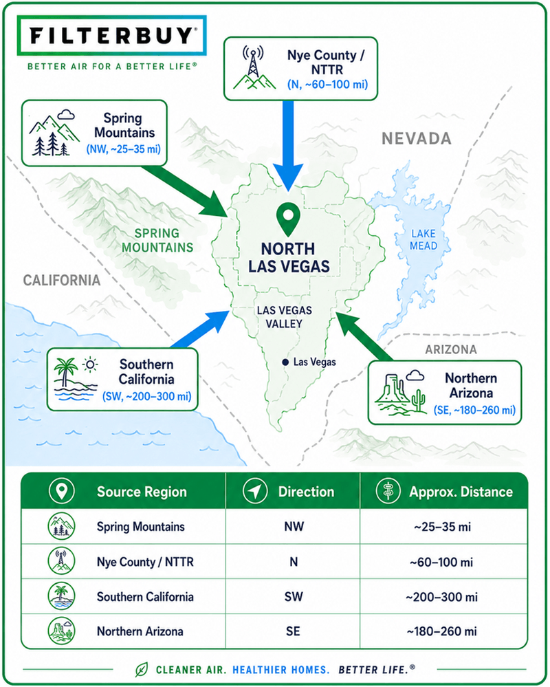 Map graphic showing the four regions whose wildfire smoke typically reaches North Las Vegas, Nevada.
