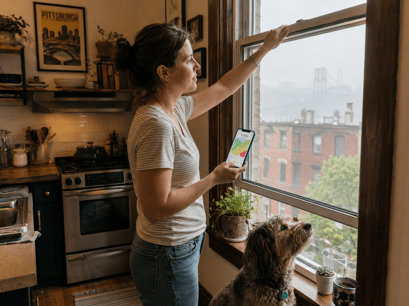 Pittsburgh homeowner checking a live air quality map on her phone while closing a window during a wildfire smoke event.