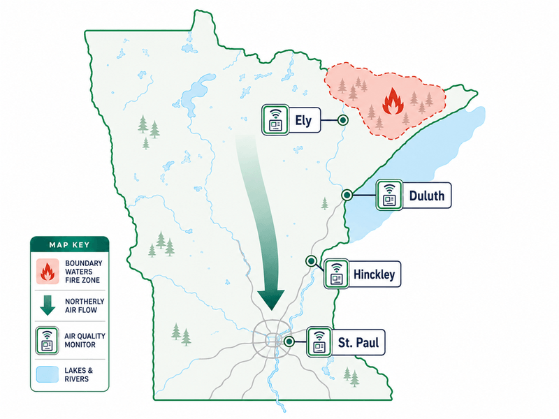 Map showing wildfire smoke traveling south from the Boundary Waters through Duluth and Hinckley to St. Paul, Minnesota.