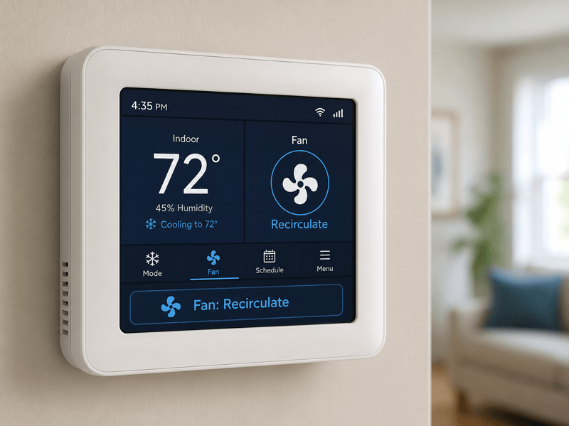 Thermostat set to recirculate to reduce wildfire smoke infiltration." Requires licensed photography or a design tool.