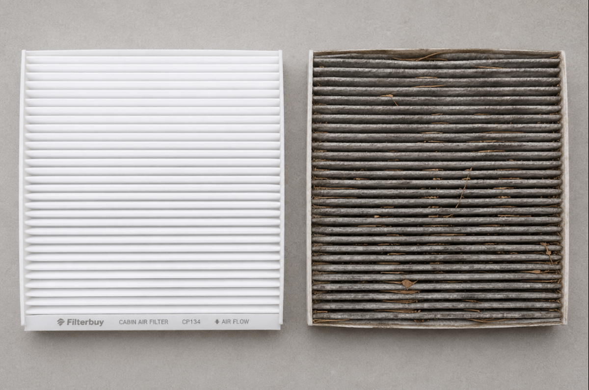 New Filterbuy cabin air filter beside a dirty filter removed from a Subaru Forester.