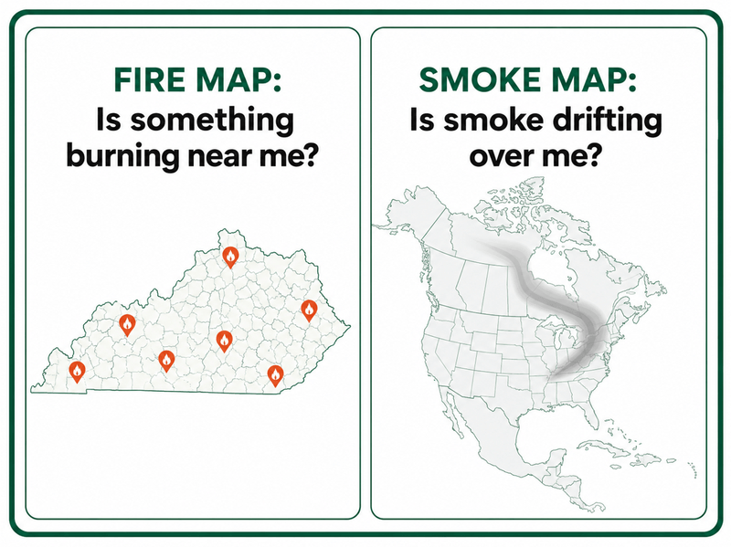 Diagram comparing a local wildfire activity map to a regional smoke transport map for Lexington, KY.