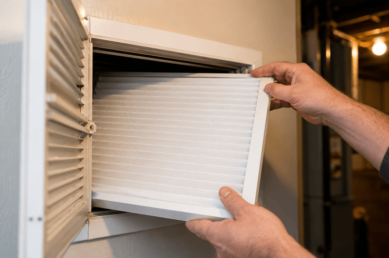 Homeowner installing a pleated MERV 13 filter in a home return air vent before a smoke event.