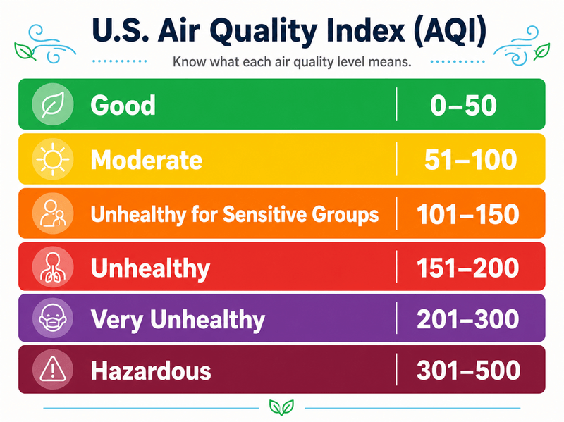 Air Quality Index color scale from Good (green) to Hazardous (maroon) with AQI ranges.