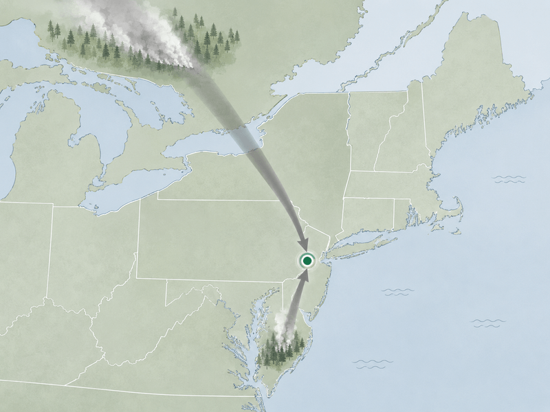 Map illustration showing Canadian and Pine Barrens smoke pathways reaching Newark, New Jersey.