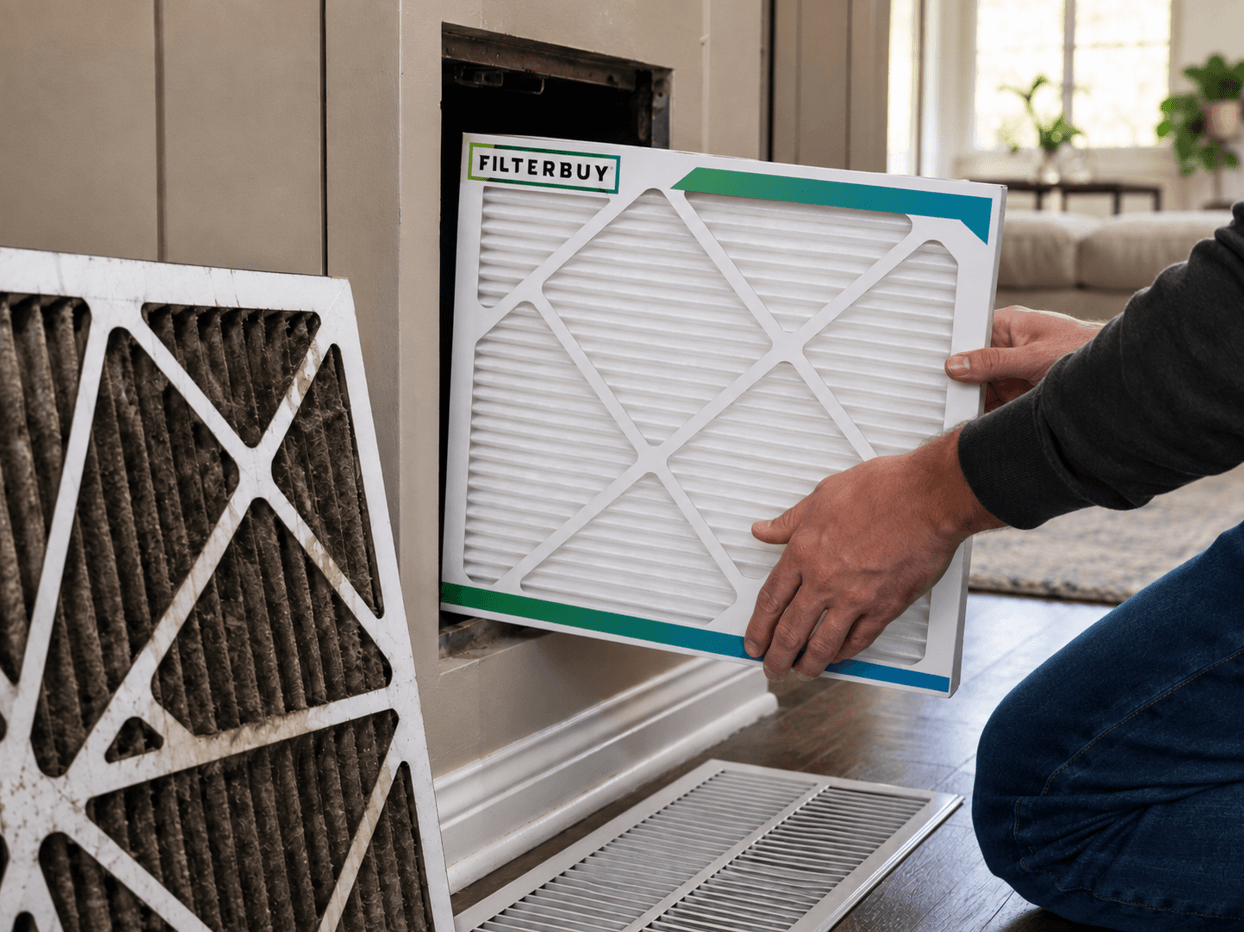 Replacing a dust-loaded HVAC filter with a clean Filterbuy MERV 13 pleated filter during a smoke event.