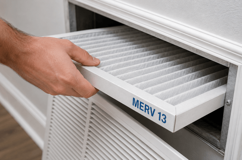 Homeowner installing a MERV 13 air filter to protect indoor air quality during a wildfire smoke event.